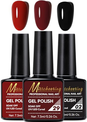 Red Gel Nail Polish Set, Burgundy Dark Red Black Nail Varnish Sets, Rose Red Autumn UV/LED Nail Lamp Soak off Nail Art Manicure Gel Nail Polish Kit for Salon DIY at Home