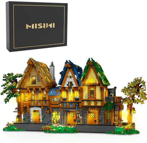 MISINI 3 in 1 M6209 Mittelalterliche Architektur Bausteine Set,5958 PCS Klemmbausteine Mit Lichtern Einschließlich Schmiede/Zauberhaus/Taverne Modell, Geschenke für Erwachsene, Kinder und Jugendliche