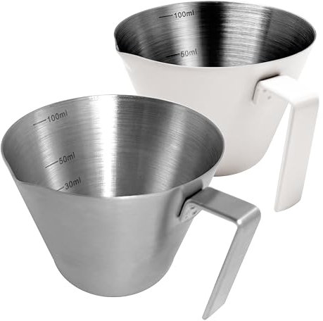NEOUZA Vasos de chupito de espresso de 100 ml, taza medidora de espresso, paquete de 2 tazas de vertido de acero inoxidable, accesorios de cocina para accesorios de espresso (plateado y blanco)