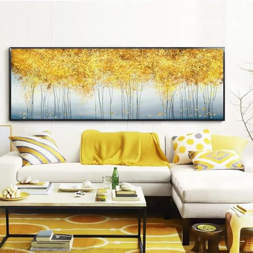 JACBON Abstraktes Ölgemälde auf Leinwand, Poster und Drucke, Wandkunst, Gemälde, goldene Geldbäume, Bilder für Wohnzimmerdekoration, 50 x 150 cm (20 x 59 Zoll), Innenrahmen