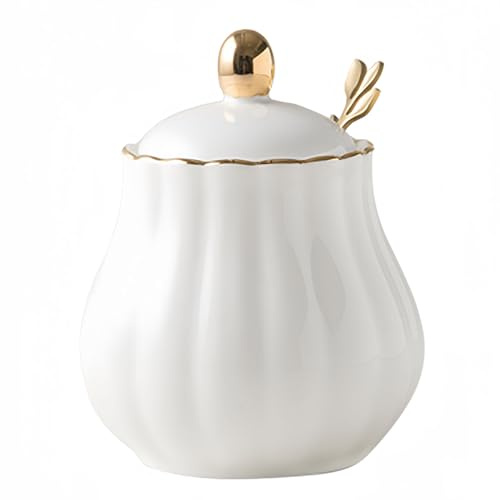 Dowbom Sucrier avec couvercle et cuillère, pot à sucre en porcelaine de couleur unie, pot à sel, pour café, restaurant, blanc A, 300 ml