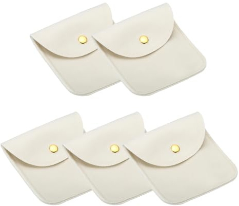 PATIKIL 10 x 10 cm smyckepåsar med tryckknapp, 5-pack smycken i sammet, bärbar mjuk förvaring för halsband, armband, örhängen, klockringar, brosch, beige