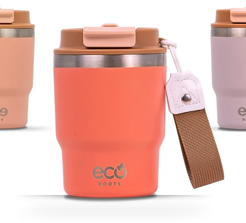 ECOROOTS Evergreen - Vaso Térmico 360 ml – Termo de Café Sostenible – Sin BPA – Acero Inoxidable y Tapa Antifugas con Pajita – Taza Café para Llevar para Oficina, Viajes, Yoga y Sports (CORAL TROPIC)