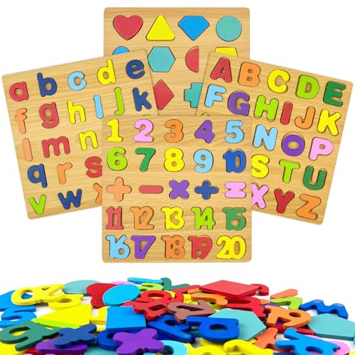 GZjiyu 4 Stück Buchstaben Holz Set, Kinder Steckpuzzle Holz, Zahlengrafik-Alphabet Puzzle Frühlernspielzeug für ab 3+ Kleinkinder und Vorschulkinder