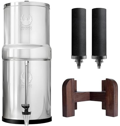 Phoenix Gravity - 6 litres certifié NSF/ANSI 42 et 372 système de filtration d’eau sur comptoir en acier inoxydable avec 2 cartouches Smart Carbon (noir), Free acier inoxydable Tap et Teak Wood Stand