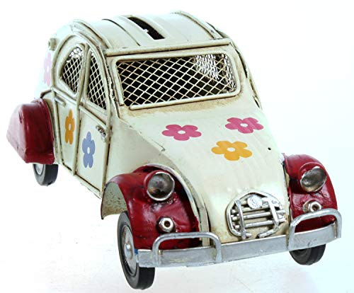 Metallauto geblümt rot 16 cm als Spardose Auto Metall PKW Oldtimer Ente Nostalgie Citroen 2CV