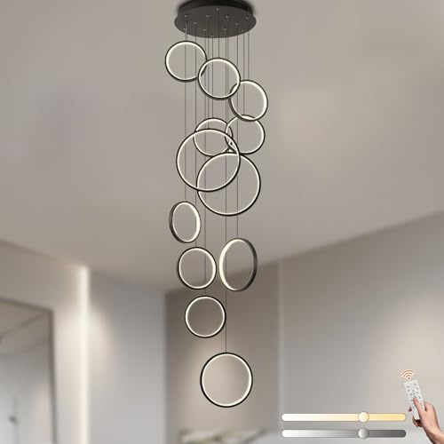 LAMPLAY LED-Kronleuchter Für Lange Treppen, Hoher Decke Mit 12 Schwarzen Ringen Lampe, DIY-Höhenverstellbare Pendelleuchte Für Den Eingangsbereich, Dimmbar Mit Fernbedienung 3000K-6000K