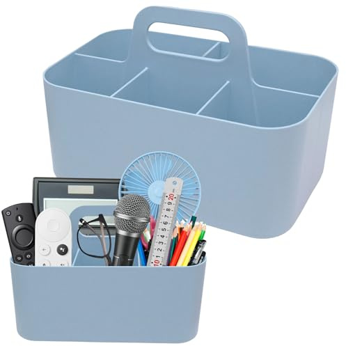 Cesta Organizadora Multiusos de Plástico con Asa, 5 Compartimentos, Cesta Apilable Portátil para Manualidades y Limpieza, Cesta de Escritorio para Material de Arte y Maquillaje (Azul)