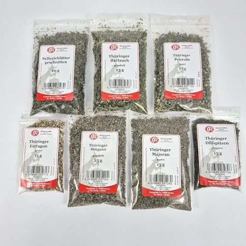Efri Gewürzwelten - 7er Kräuterset für Feinschmecker | Majoran, Sellerieblätter, Bärlauch, Petersilie, Estragon, Oregano, Dillspitzen | 20g-25g
