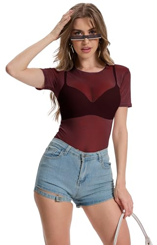 tanzdunsje Genomskinlig T-shirt Dam, Sexiga Nättröjor för Kvinnor - Kortärmad, Party Mesh Toppar, Transparent Svart Tröja med Rund Hals, Röd, XS