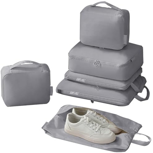 YUNYU 6-teiliges Kompressions-Verpackungswürfel-Set – leichter Reise-Organizer mit Griffen, strapazierfähiges Polyester und Nylon, Koffer-Organizer für Kleidung und Reisezubehör (grau)