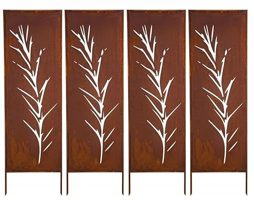 Kapaga - Sichtschutz Metall 4x - 160x50 cm - Edelrost - Rostoptik, Patina | für Garten und Terrasse - Corten, Sichtschutzelement - Sichtschutzwand - Gartendekoration Zaun - Rost (Strauch) (Gras)
