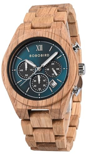 BOBO BIRD Wooden Watch for Men, Chronograph Multifunctional Wristwatch, Ebony, Oak, Zebrawood, Walnut, Lightweight Design, Wooden Gift Box Packaging (Oak Wood with Green Dial)