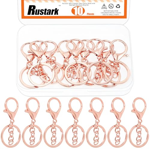 Rustark 10Pcs Set di Moschettoni in Oro Rosa con Chiusura ad AraGOSTA per Portachiavi, Ganci a Scatto Girevoli con Anelli per Portachiavi, Clip a Scatto Girevoli con Anello Piatto, Kit per la