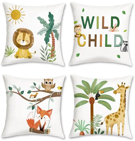 COZZSNUGE Kids Animal Cushion Covers Cute Lion Fox Giraffe Wild Toddler Velvety Decorative Pillowcases for Sofa Bed Home Nursery Baby Room 45 x 45 cm Set of 4