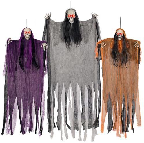 Halloween Decorations,3 Pack Halloween Hanging Skeleton Ghosts with Lighted Up Eyes,Scary Colourful Cloth Grim Reapers for Indoor,Outside Yard Lawn,Haunted House Prop,Party Supplies