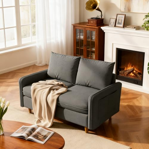Meeyar 2-Sitzer Sofa, 147 cm Kleines Sofa mit Seitentaschen, Modernes Lounge-Sofa aus Kurzplüschstoff, Abnehmbare Bezüge, Bequemes Loveseat für Wohnzimmer und Schlafzimmer, Hellgrau