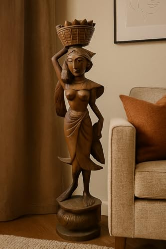 Marblechic - Statue femme indonésienne avec panier de fruits - Bois de teck - H70 cm