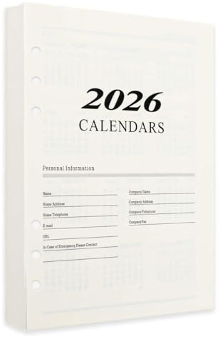 2026 Agenda,2026 Wochenplaner Einlage A5, Kalendereinlagen a5 2026, 6 Löcher, kompatibel mit Filofax A5 Organiser, Jan 2026 - Dez 2026 Notizblock Planung