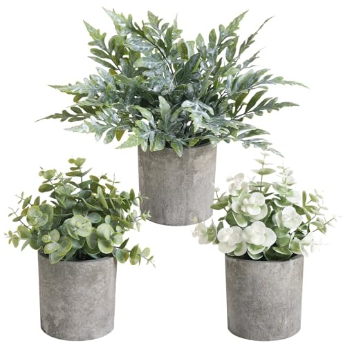 RUIDKUN 3 Pack Mini Potted Fake Plants Artificial Plastic Indoor Eucalyptus Plants for Home, Office, Desk, Bathroom, Coffee Table & Shelf (Green)