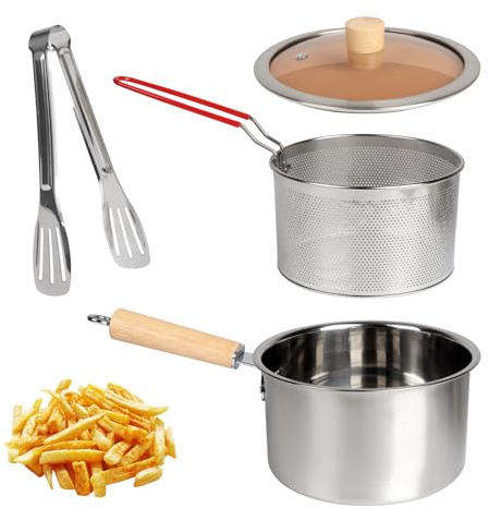 Olla para freír de 2,5 L, olla con colador y tapa, olla con cesta, filtro de aceite, olla de acero inoxidable, gran capacidad, depósito de grasa para guardar aceite de fritura, grasa alimenticia
