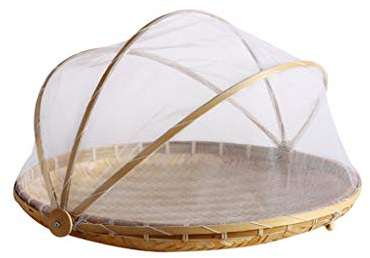 Kalttoy Corbeille à fruits et légumes en bambou tissé à la main avec filet anti-moustique anti-insectes rond en osier résistant à la poussière Plateau pique-nique nourriture pain
