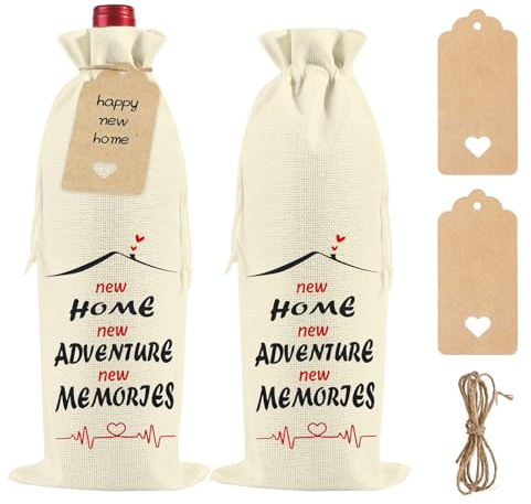 2 Stück Geschenk zum Einzug, Flaschen-Geschenkbeutel, Leinen, Kordelzug, Flaschenbeutel mit Geschenkanhänger und Seil, Einweihungsgeschenk für Damen und Herren