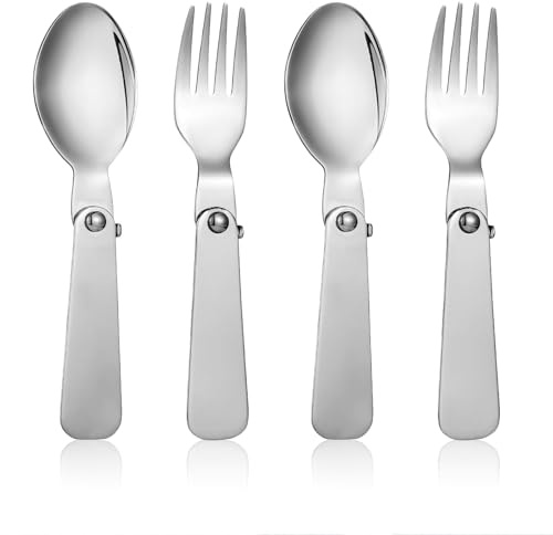 Auroriel 2-Piece Set Foldable Spoons and 2-Piece Set Forks, Stainless Steel for Thermos Funtainer 10oz Food Jar, Portable Cutlery for Travel, Camping, Picnics, and Outdoo
