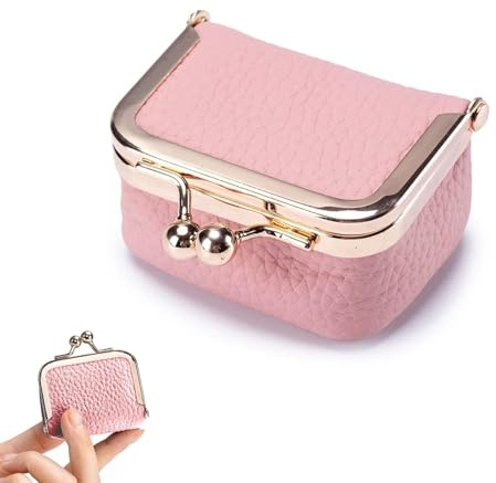 SHOFUL Mini joyero de cuero genuino portátil, monedero, estuche para joyas con cierre de beso, mini caja de anillo de viaje para mujer, para pendientes, anillos, collares, pulseras (rosa)