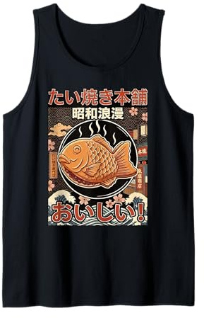 Vintage Japonés Taiyaki Fish Cake Retro Showa Era Snack Art Camiseta sin Mangas