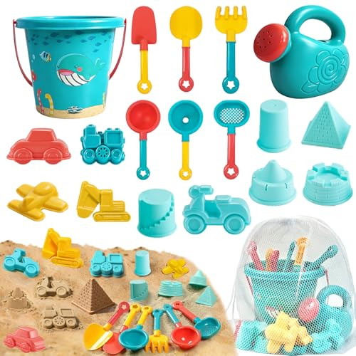 Giochi da Spiaggia per Bambini, 18Pezzi Accessori per Sabbiera con Secchiello e Paletta, Annaffiatoio, Formine Spiaggia e Borsa Rete, Giochi di Sabbia Estivi da Viaggio per Bambini Bambine