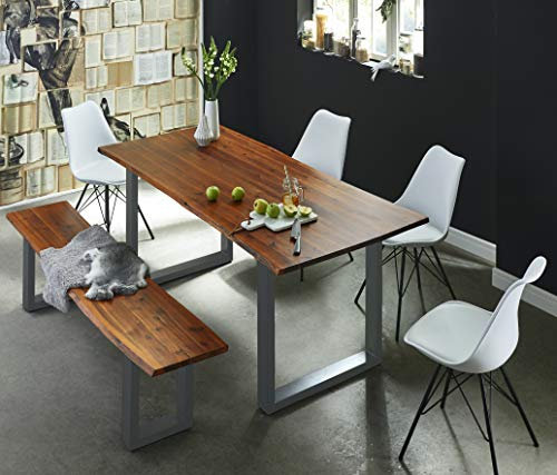 SAM 6 TLG. Essgruppe Esra, Baumkantentisch 200x100 cm & -Bank 200x40 cm, Akazie-Holz Cognacfarben, Gestell Silber, 4X Schalenstuhl Lerche weiß