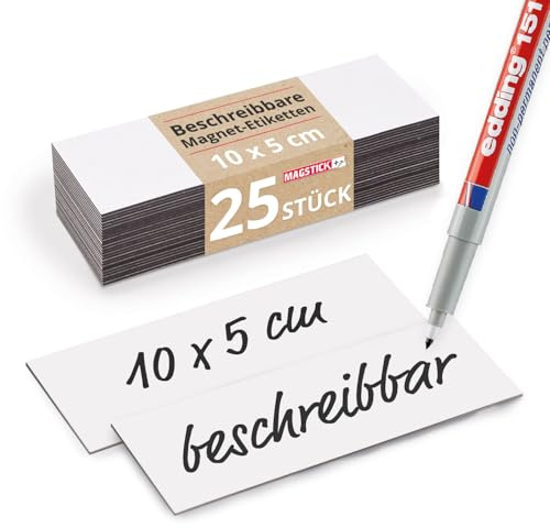 Magstick 25 Stück Magnet-Etiketten 10 x 5 cm zum Beschriften - mag068 | Rückseite magnetisch, Größe 100 x 50 mm, Stärke 0,85 mm, Kein Haftgrund für Magnete, NICHT als Haftmagnet gedacht