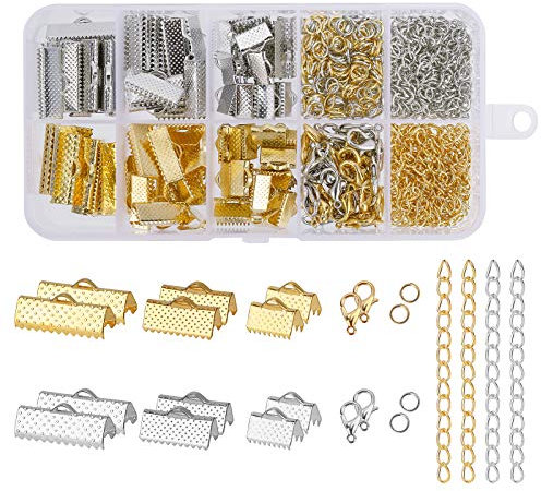 Schmuckherstellung Set mit Quetsch-Crimp-Enden, Bindende, Hummerverschlüssen, Offenen Biegeringen, Verlängerungsketten für die Halskette Halsreif Schmuckherstellung (370 Stück)