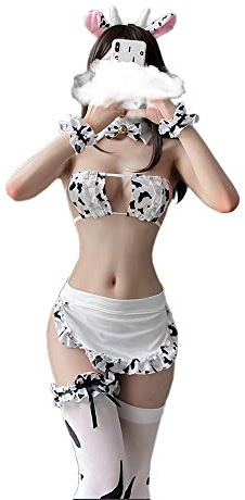 SINROYEE Cosplay kostym anime sexig mini ko bikini underkläder set hembiträde outfit dalmatiner mjölk leopard baddräkt (ko hembiträde outfit)