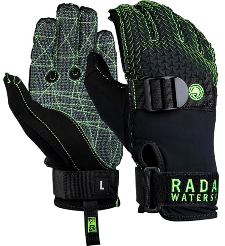 Radar Men's Hydro-K Water Sports Gloves - PowerPull Strap Closure, Laser Cut Backhand, Aramid Palm, Pre-Curved Fingers, Seamless Fit Design, Matte Black/Volt Green, XL