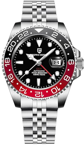 CADISEN Pagani Design GMT Herren-Armbanduhr, mechanisch, vollautomatisch, 40 mm, Datum, 100 m, wasserdicht, Edelstahl, wasserdicht, drehbar, Keramik-Lünette, Sportuhr für Herren