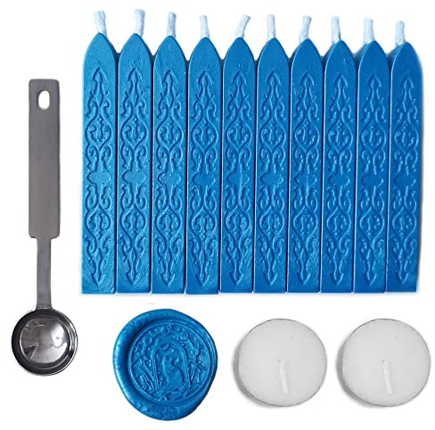 Wachsstäbchen mit Docht, AMTOL 10 PCS Wachsstäbchen mit 2 Stück weißen Kerzen und 1 Stück Wachsschmelzlöffel, für Hochzeitseinladungen, Karten, Umschläge und Siegelstempel (Blau)