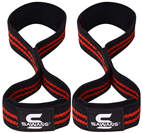 SAWANS Lyftremmar vadderat grepp figur 8 handledsremmar vikt slitstark dubbel ögla bodybuilding träning gymremmar handstång halkfri marklyft stöd starka manschetter kraftlyftning (svart/röd)