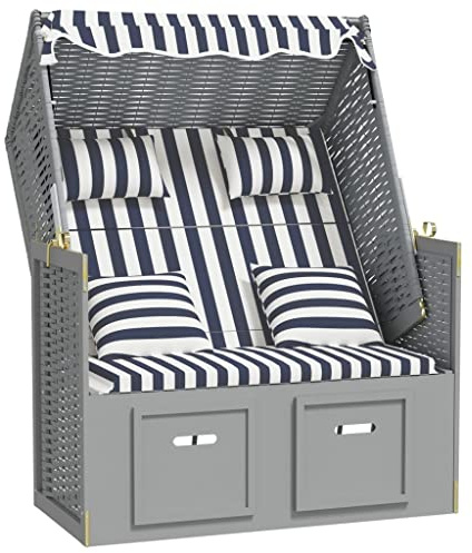 vidaXL Strandkorb mit Kissen Gartenliege Volllieger Sonnenliege Sonneninsel Strandliege Zweisitzer Liege Strand Poly Rattan Massivholz Blau Weiß
