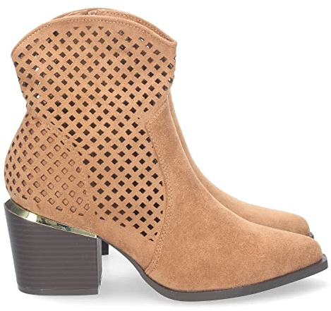 70135 Botin de Tacon para Mujer, Comoda, con Punta Fina, con Calados en la Cana, y Cierre de Cremallera, Primavera Verano 2023 Camel Talla 38