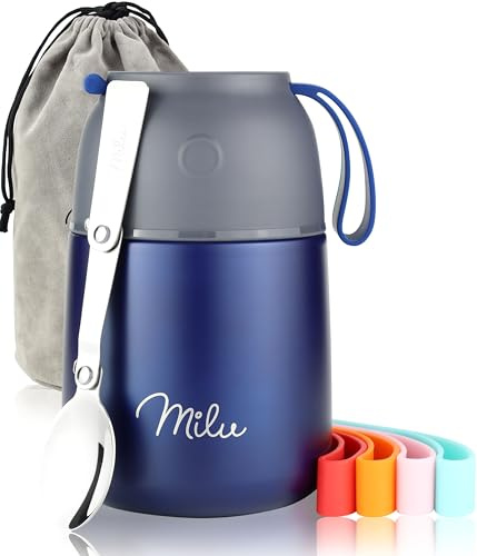 Milu® Termos 450/650 ml, av rostfritt stål, matbehållare/matkärl för barnmat, behållare för att hålla maten varm, termisk matlåda, müsli to go, marinblå, 450 ml