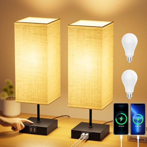 FANSANMY Lampe de Chevet Lot de 2, Lampes de Table avec 2 Ports de Charge Rapide USB, 3 Températures de Couleur et Gradation Progressive, 2 E27 6W Ampoules pour Chambre à Coucher, Salon, Bureau