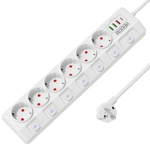 Steckdosenleiste Einzeln Schaltbar, Steckdosemit 6 Steckdosen und 2 USB-A und 2 USB-C, Steckdosenleiste mit Unabhängigem Schalter, Für Heim und Büro (Weiß, 2M)