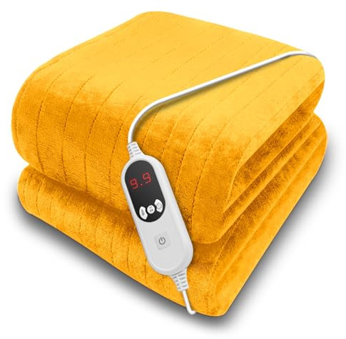 Purus Gold Heated Throw Electric Blanket, 160 x 120cm Heated Blanket Machine Washable Soft Micro Fleece Electric Throw Overblanket with 12HR Timer and 9x Control Heat Settings
