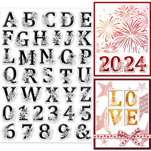 GLOBLELAND Letter and Number Clear Stamps 5.8x8.3inch Flower Silicone Clear Stamp Seals for DIY Scrapbooking Cards Making Photo Album Journal Home Decoration
