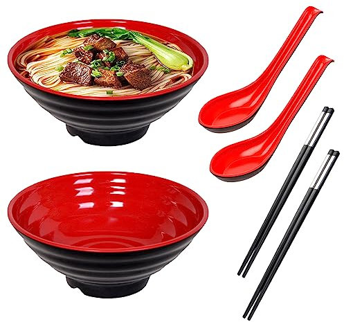 MEGYAD Juego de 2 cuencos japoneses de ramen, 20 cm, cuenco japonés con 2 palillos y 2 cucharas, cuenco de melamina para pasta, fruta, ensalada de fideos, CKN-DA1007