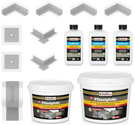 Isolbau Dicht-Set - Inkl. 1x Flüssigfolie (16 kg), 3x Grundierlösung (je 1 L), 1x Dichtband (20 m), 4x Innenecken, 2x Außenecken & 2x Manschetten