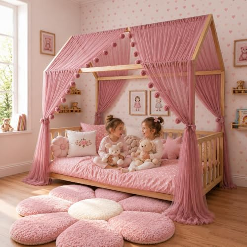 Baby Fancyroom Ciel de lit de Maison, décoration pour Chambre d'enfant, lit d'enfant, baldaquin, Guirlande de Pompons en Tulle de qualité supérieure (Vieux Rose, 340cm, sans Guirlande à Pompons)