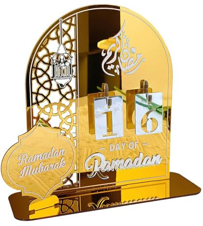 Ramadan Adventskalender, 2024 Eid Mubarak Acryl Ramadan Kalender, DIY Ramadan Kalender Eid Dekoration Kalender, 30 Tage Eid Countdown Kalender für Party Home Ornament (Gold)